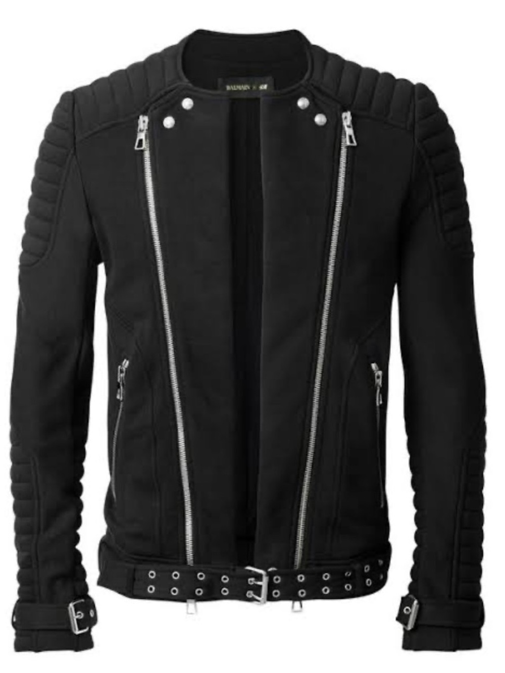 Balmain x H&M FW15 Double Zip Biker Moto Jacket Black Quilted Belted Men’s L